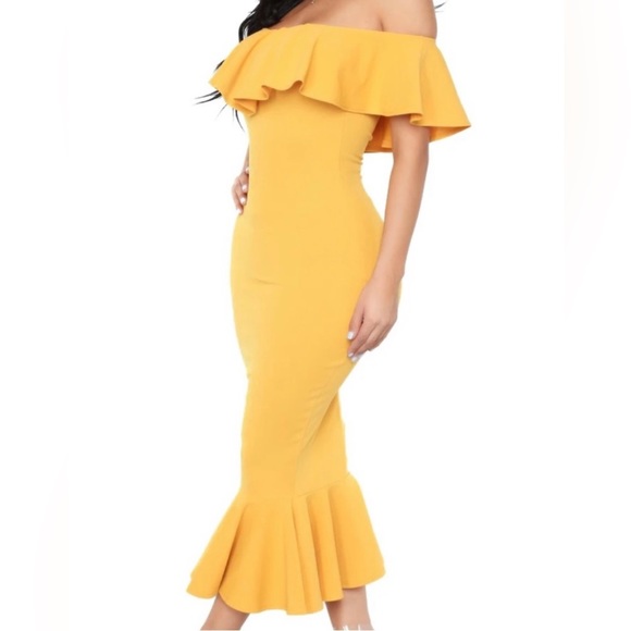 Very flattering Mustard Yellow Midi Dress with Beautiful Ruffles - Picture 2 of 6